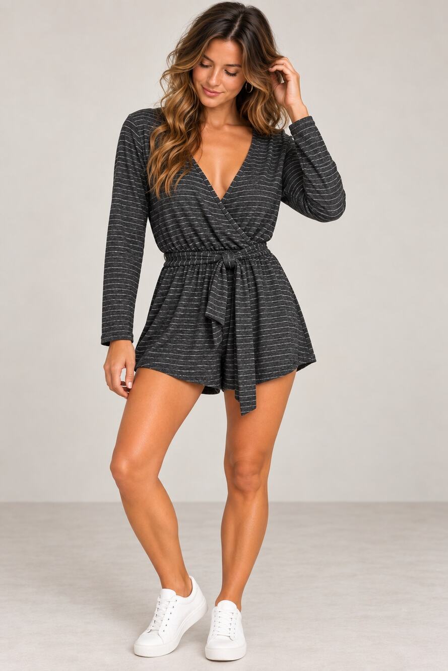 Billabong Perfect Time Romper Womens M Charcoal Stripe Wrap Long Sleeve NWT